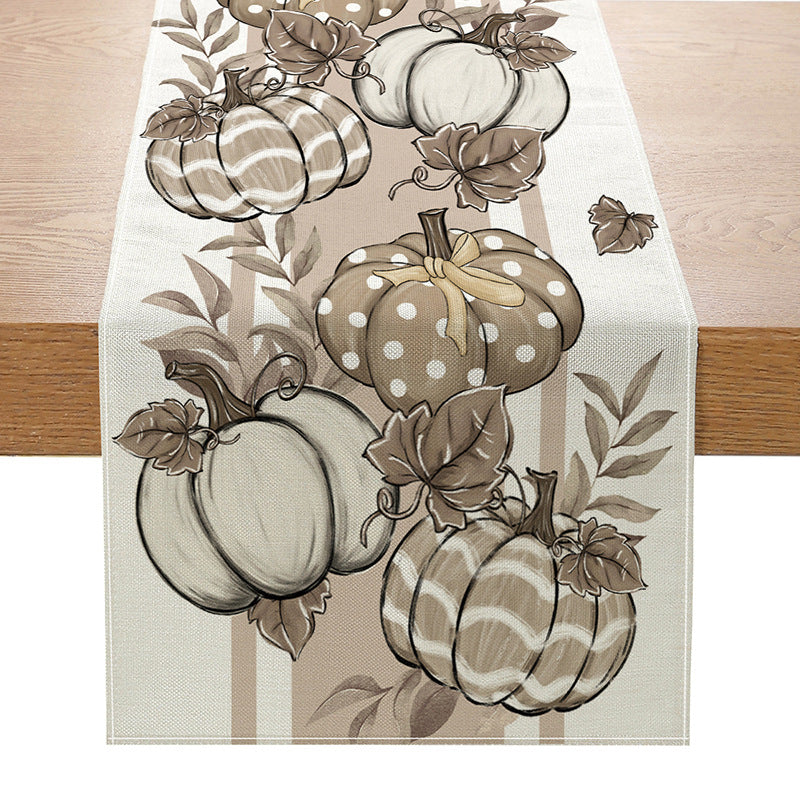 Cotton-Linen Fall Pumpkin Decorative Table Runner with 'Hello Fall' Script