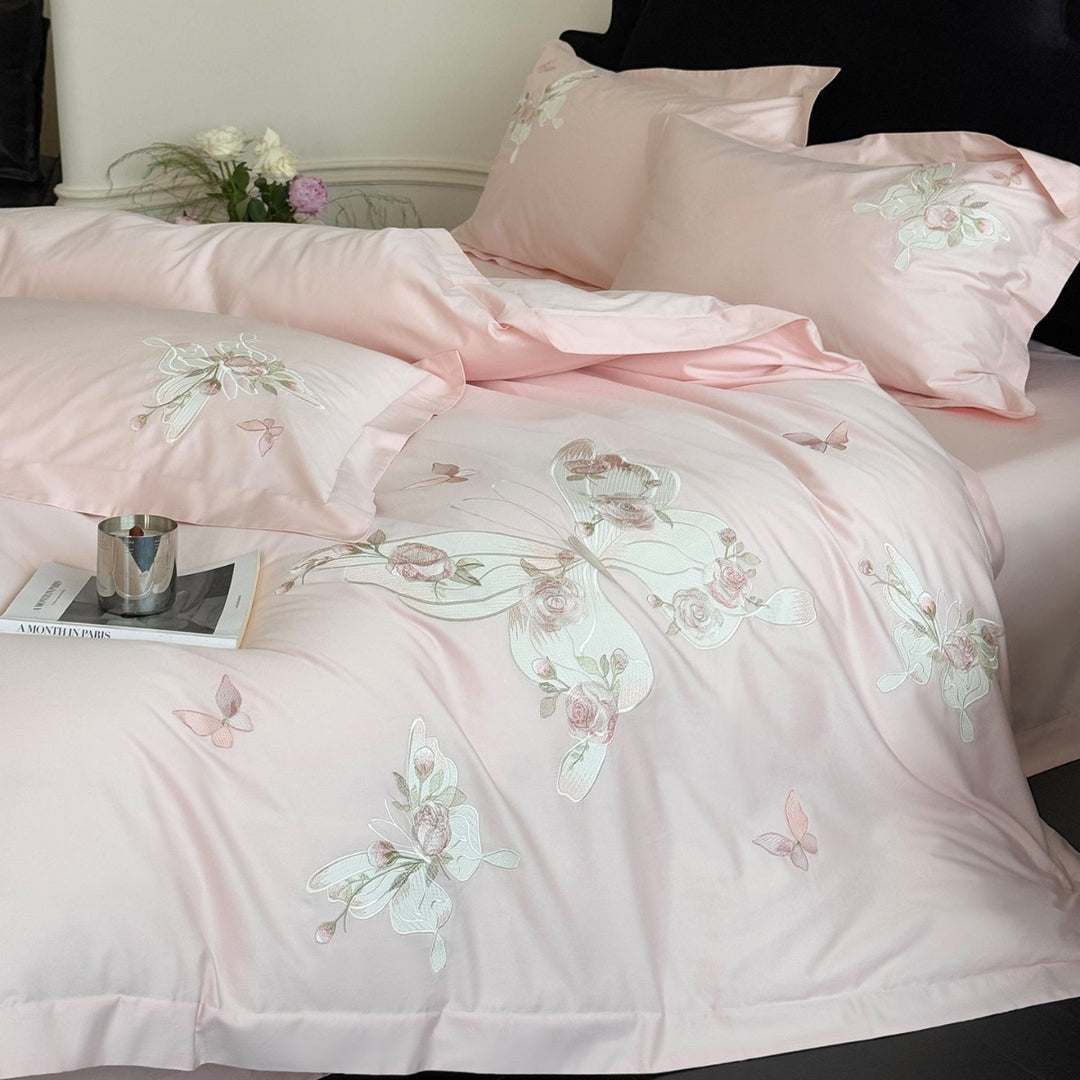 Embroidered Butterfly Cotton-Sateen Duvet Cover Set with Delicate Floral Stitching