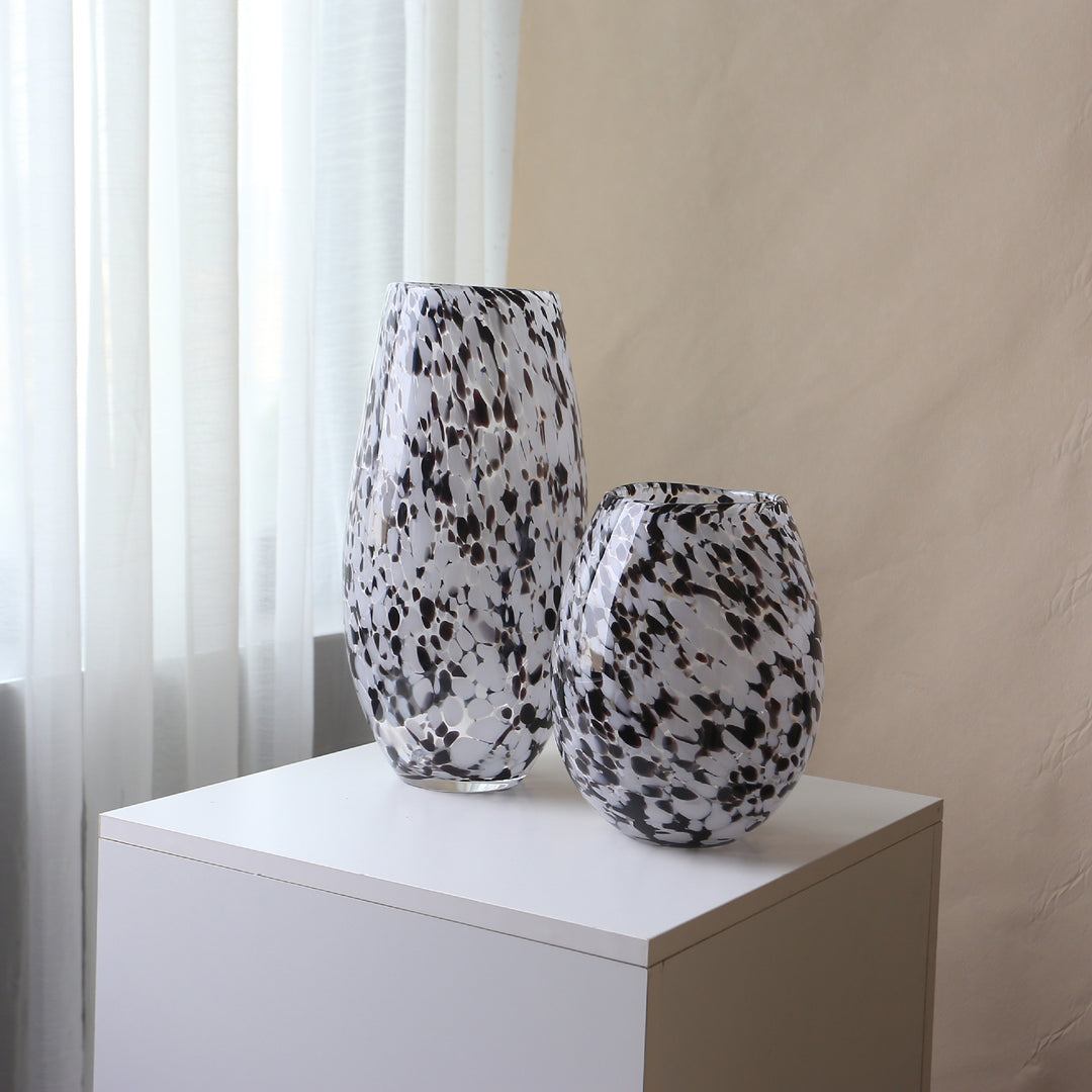 Handblown Speckled Art Glass Vase Pair with Sculptural Tall-and-Short Silhouettes Stornfield