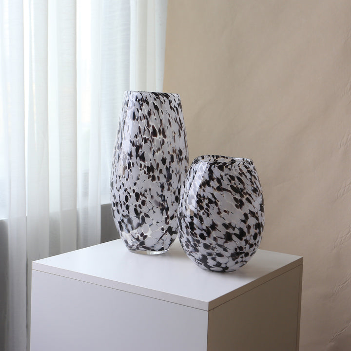 Handblown Speckled Art Glass Vase Pair with Sculptural Tall-and-Short Silhouettes Stornfield