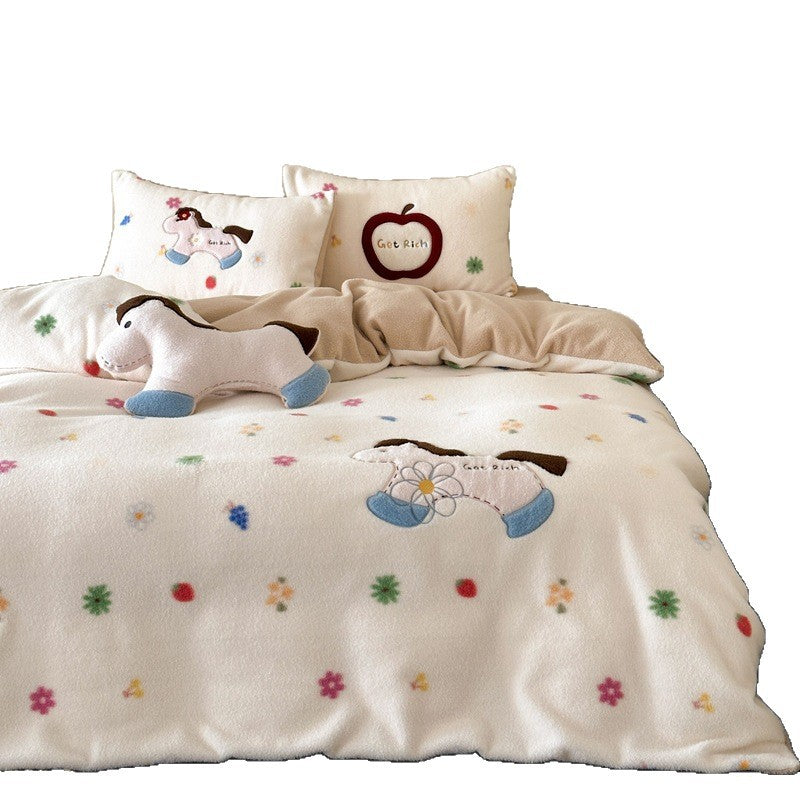 Cozy Reversible Bedding Set with Embroidered Horse Applique and Plush Toy