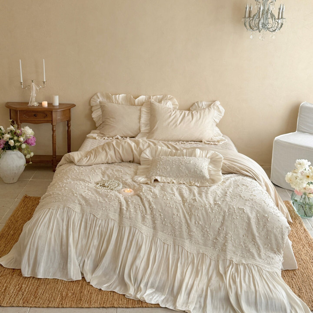 Romantic Ruffled Lace-Embroidered Cotton-Linen Duvet Cover Set with Decorative Pillow Shams