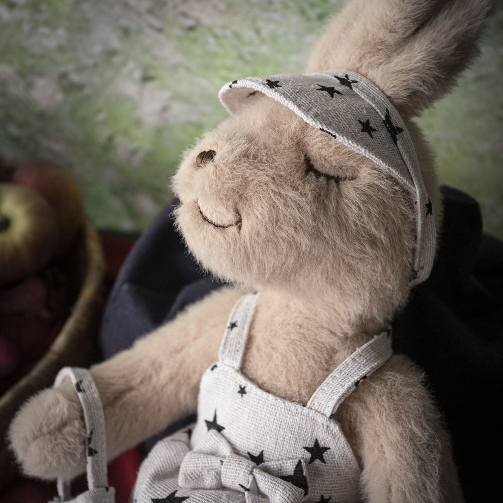 Handcrafted Plush Rabbit Toy with Star-Print Linen Overalls and Visor
