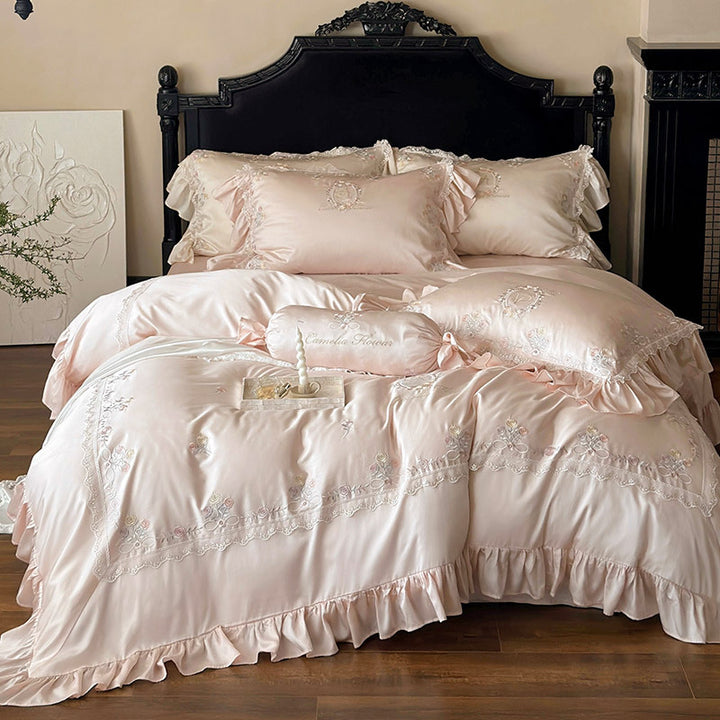 Luxurious satin bedding set with fine floral embroidery and ruffles