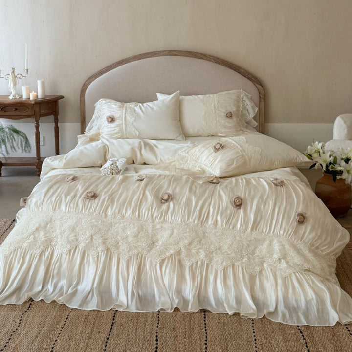 Satin-Ruffled Lace-Trim Rose Appliqué Duvet Cover Bedding Set