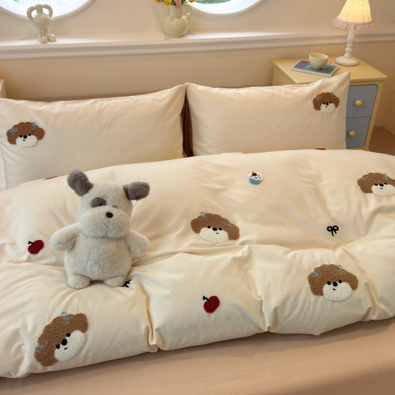 Plush Embroidered Cherry Motif Comforter and Pillow Sham Set