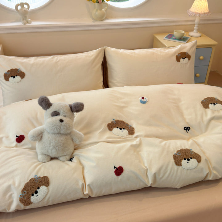 Plush Embroidered Cherry Motif Comforter and Pillow Sham Set