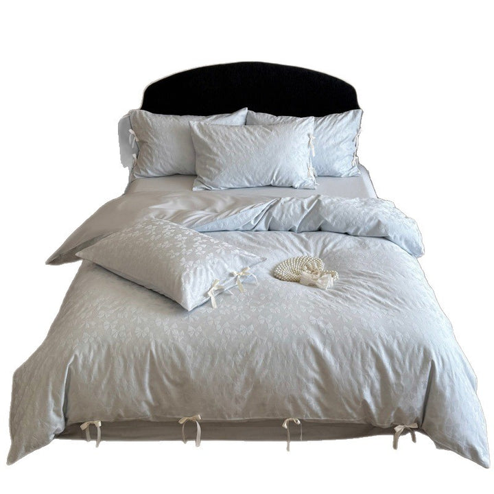 Jacquard Floral Tie-Closure Duvet Cover Set with Satin Fitted Sheet and Ribbon Ties
