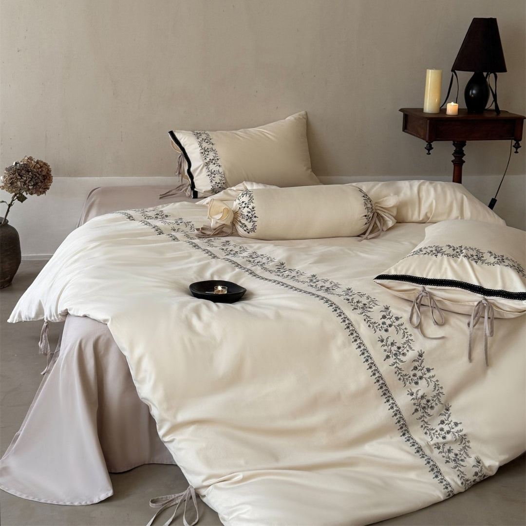 Embroidered Cotton Duvet Cover Set with Decorative Bolster and Tie-closure Pillowcases