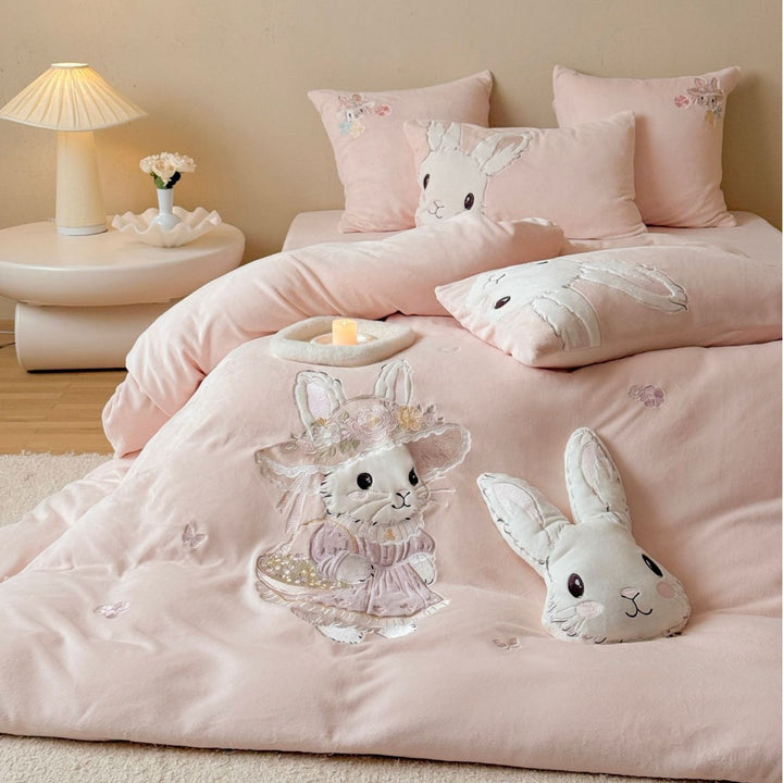 Children's Plush Bunny Appliqué Duvet Cover Bedding Set