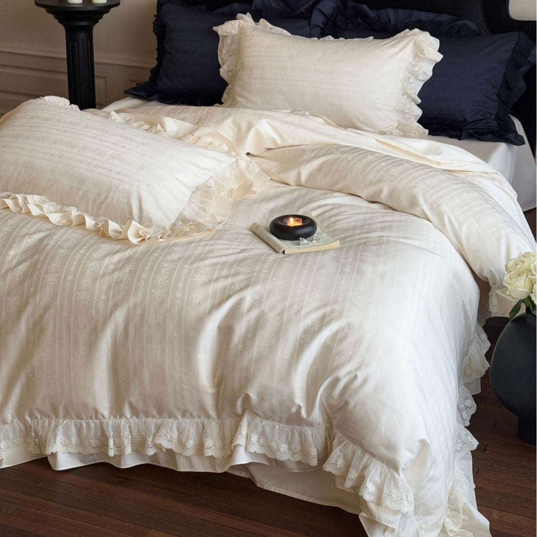 Vintage-Inspired Frilled Jacquard Cotton Duvet Cover Set