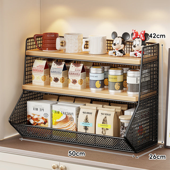 Compact Mesh Countertop Pantry Organizer with Two Wooden Shelves and Deep Front Basket