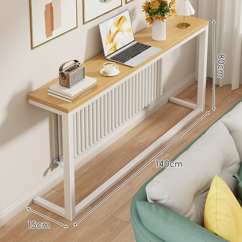 Slim Narrow Console Table with White Metal Frame and Wood-Grain Top