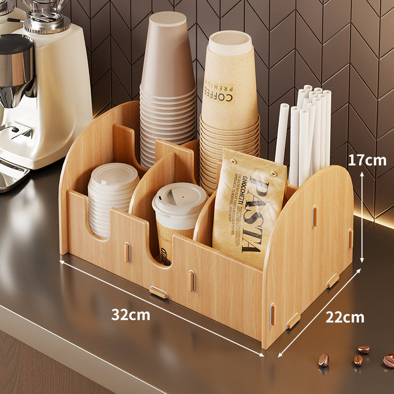 Modular Bamboo Countertop Coffee Station Organizer with Multi-Compartment Cup Lid and Straw Dispensers
