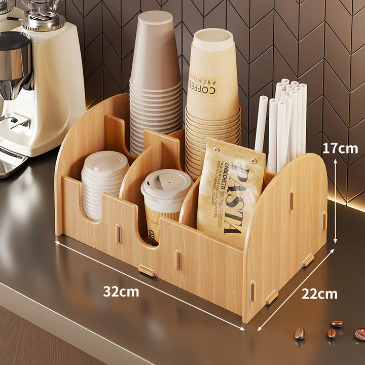 Modular Bamboo Countertop Coffee Station Organizer with Multi-Compartment Cup Lid and Straw Dispensers