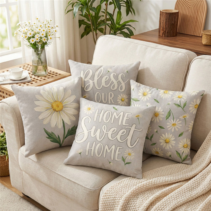 Botanical Linen-Texture Decorative Daisy Throw Pillow Cover