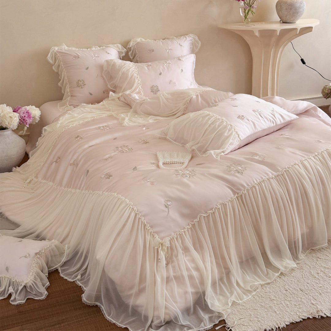 Luxury Satin-Blend Embroidered Comforter Ensemble with Sheer Ruffled Skirt & Decorative Bolster