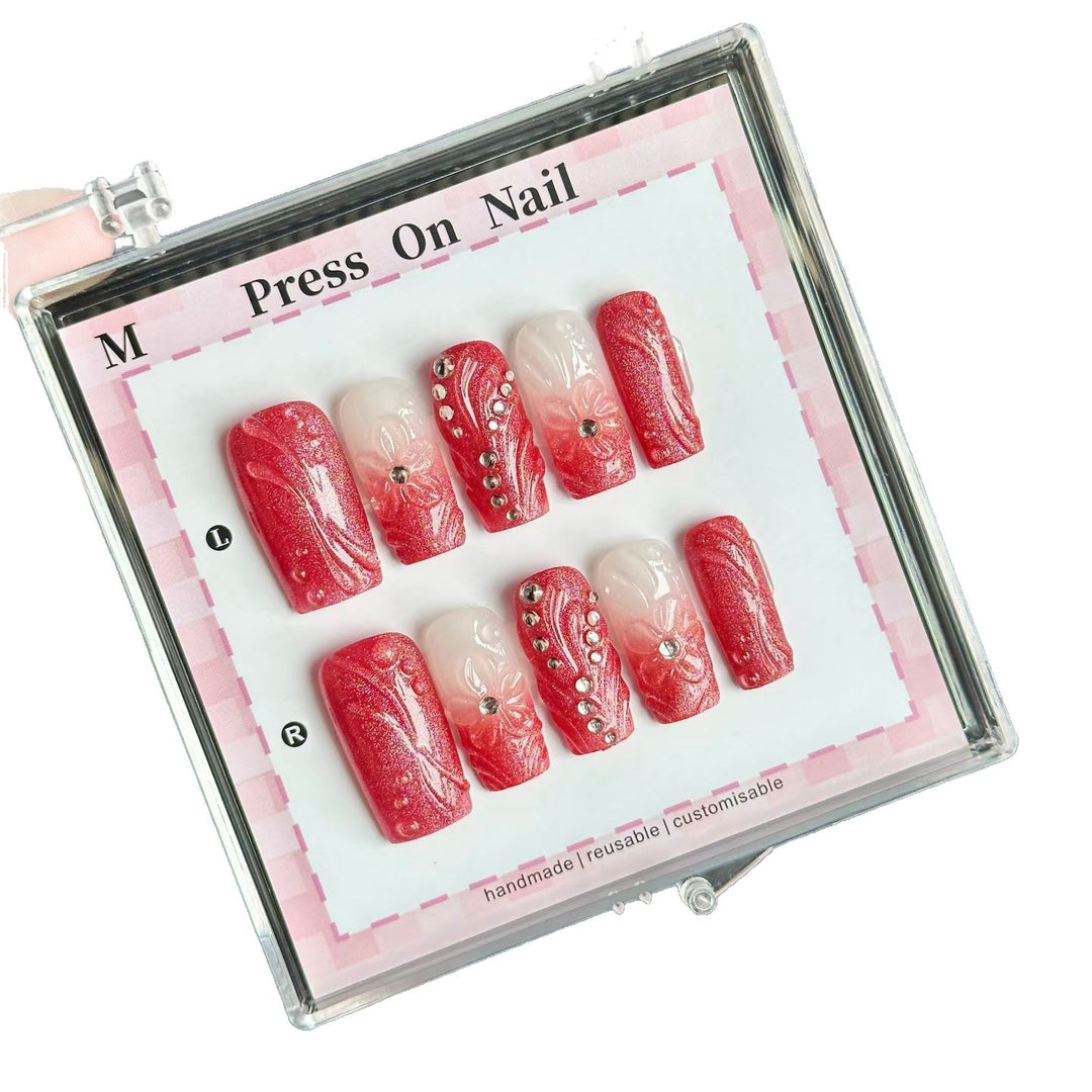 Decorative Press-On Nail Set with Floral and Gem Accents  1791773770