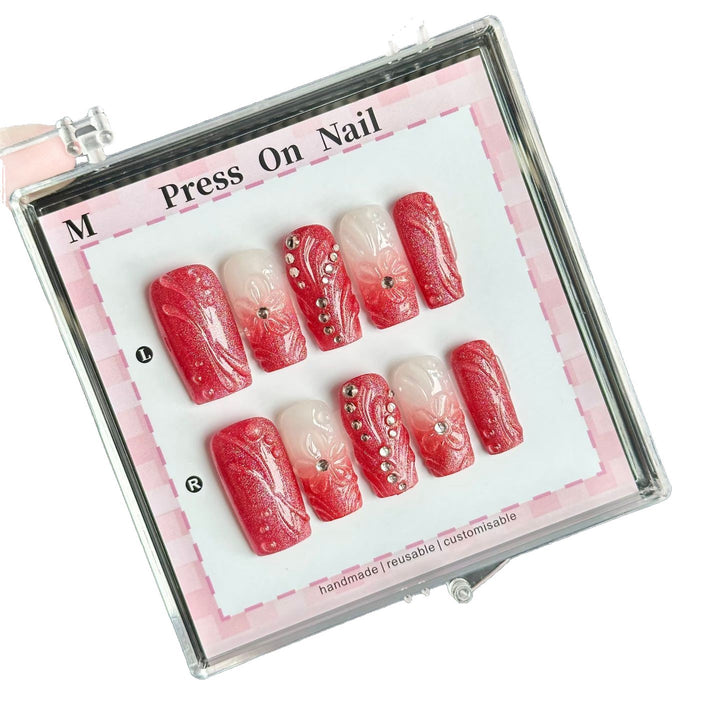 Decorative Press-On Nail Set with Floral and Gem Accents  1791773770