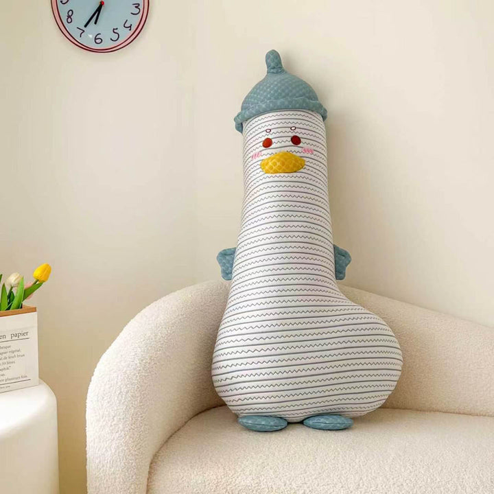 Large cuddly duck body pillow with hat and striped cotton cover