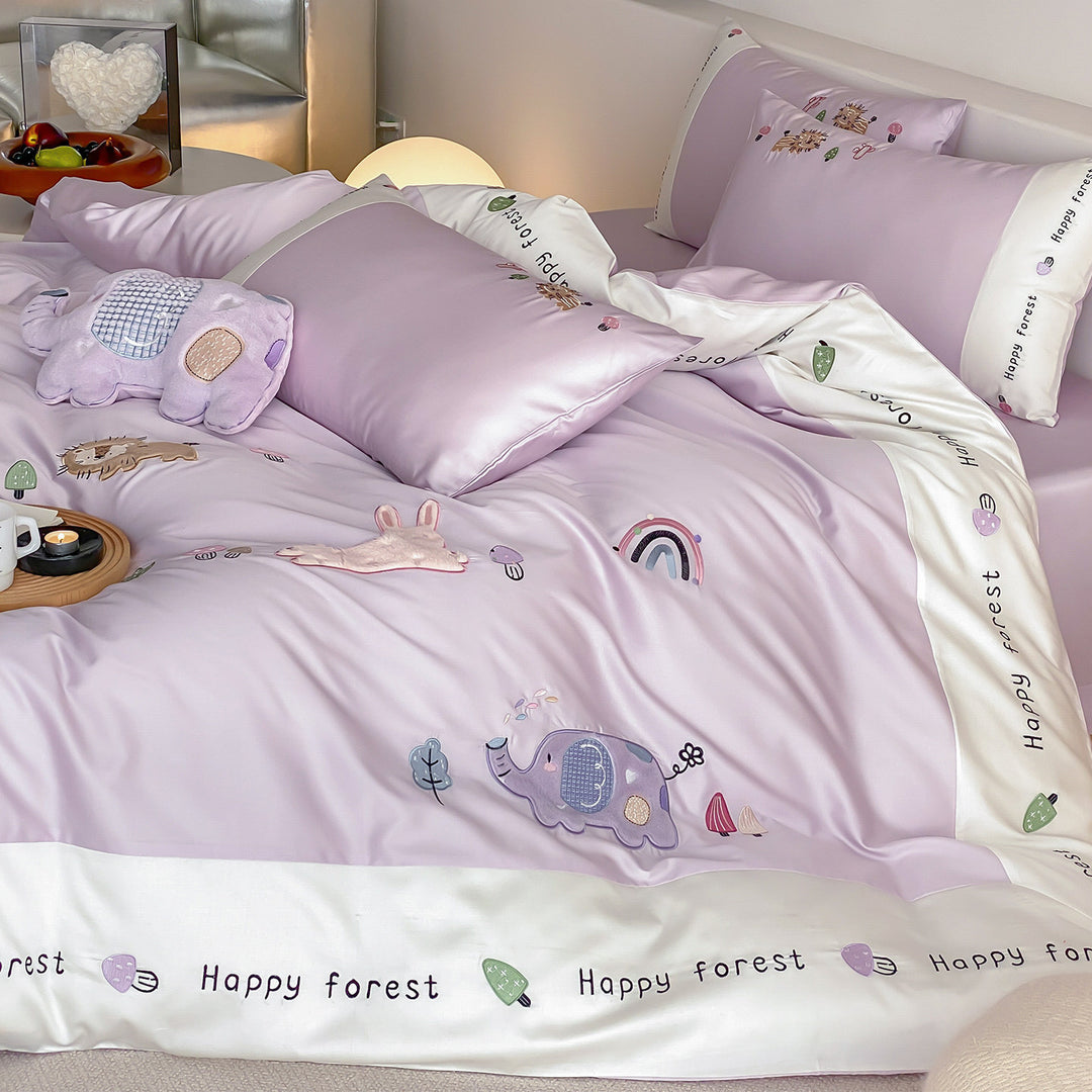 Playful Elephant Embroidered Satin-Feel Duvet Cover Set