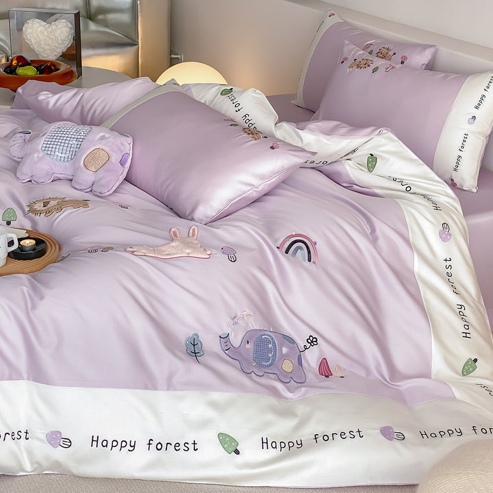 Playful Elephant Embroidered Satin-Feel Duvet Cover Set