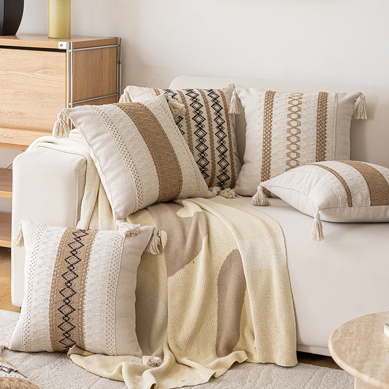 Bohemian Woven Tassel Lumbar Throw Pillow with Jute Center