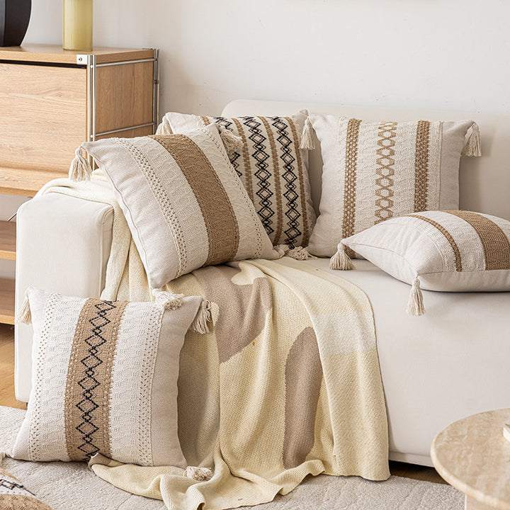 Bohemian Woven Tassel Lumbar Throw Pillow with Jute Center