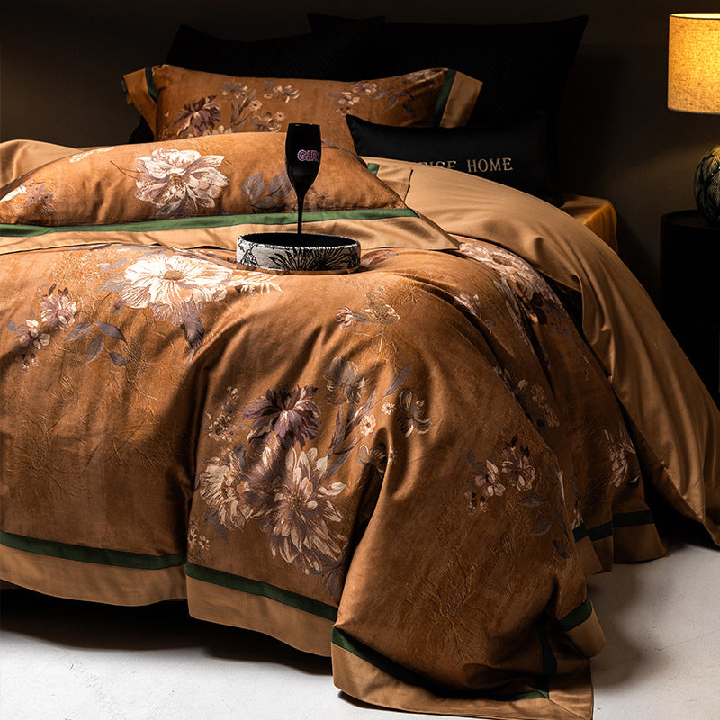 Floral Jacquard Cotton Sateen Duvet Cover Set with Reversible Border
