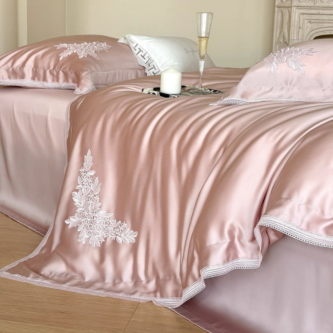 Silky Satin Duvet Ensemble with Floral Appliqué Embroidery, Scalloped Lace Border & Hidden Closure