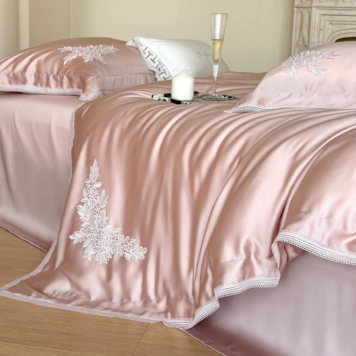 Silky Satin Duvet Ensemble with Floral Appliqué Embroidery, Scalloped Lace Border & Hidden Closure