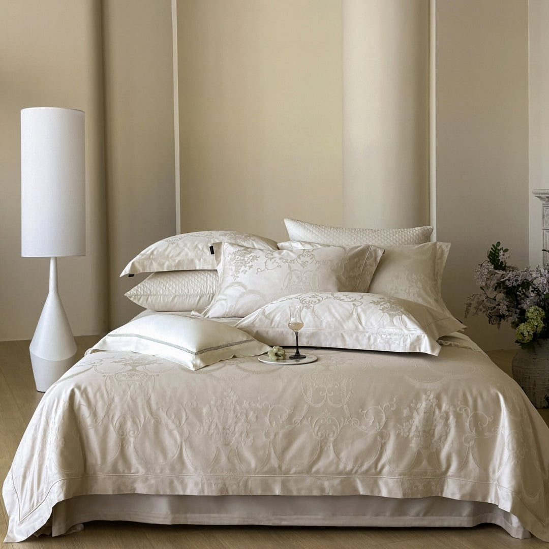 Premium Jacquard Damask Bedding Ensemble with Quilted Euro Shams