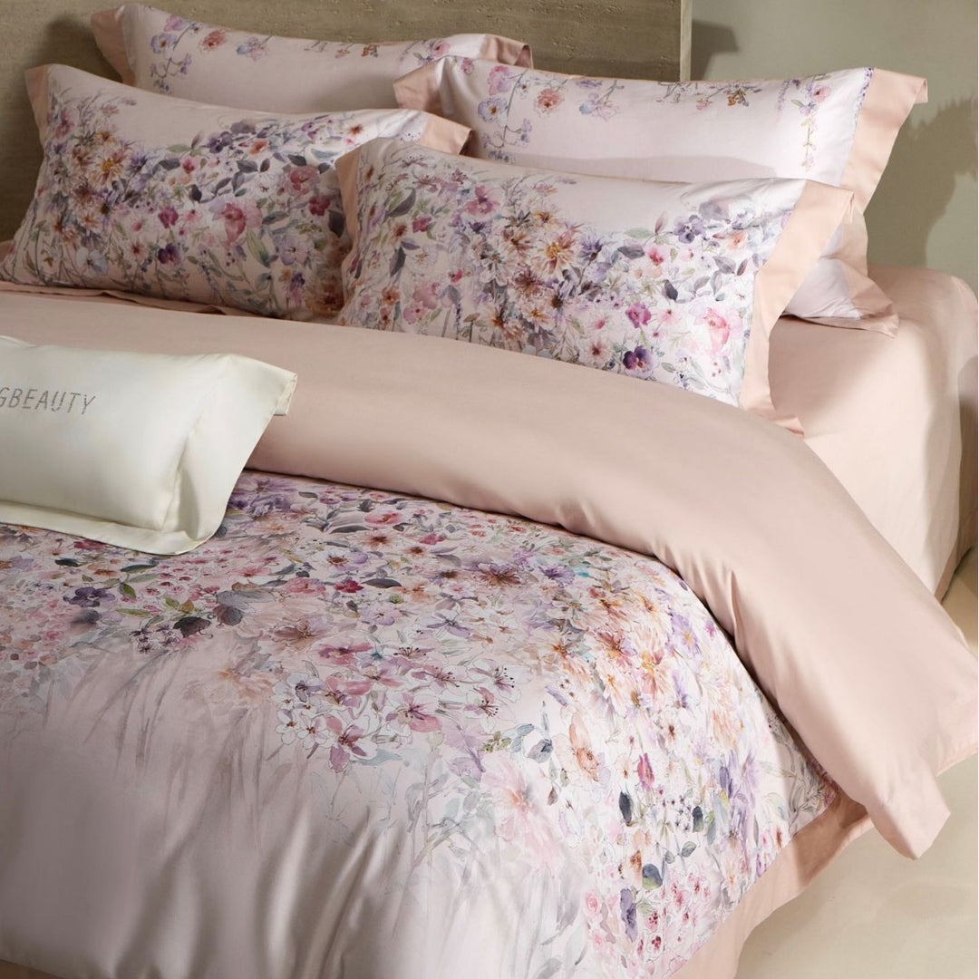 Luxury Floral Cotton Sateen Duvet Cover Set with Contrast Hem and Pillow Shams