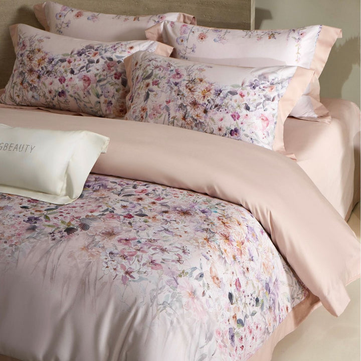 Luxury Floral Cotton Sateen Duvet Cover Set with Contrast Hem and Pillow Shams