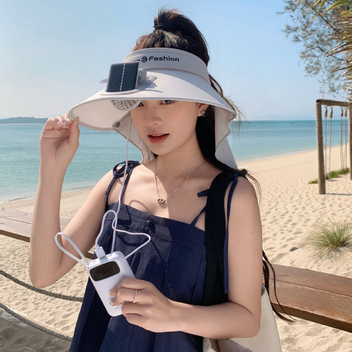 Visor with integrated solar fan, solar module, and neck protection Stornfield