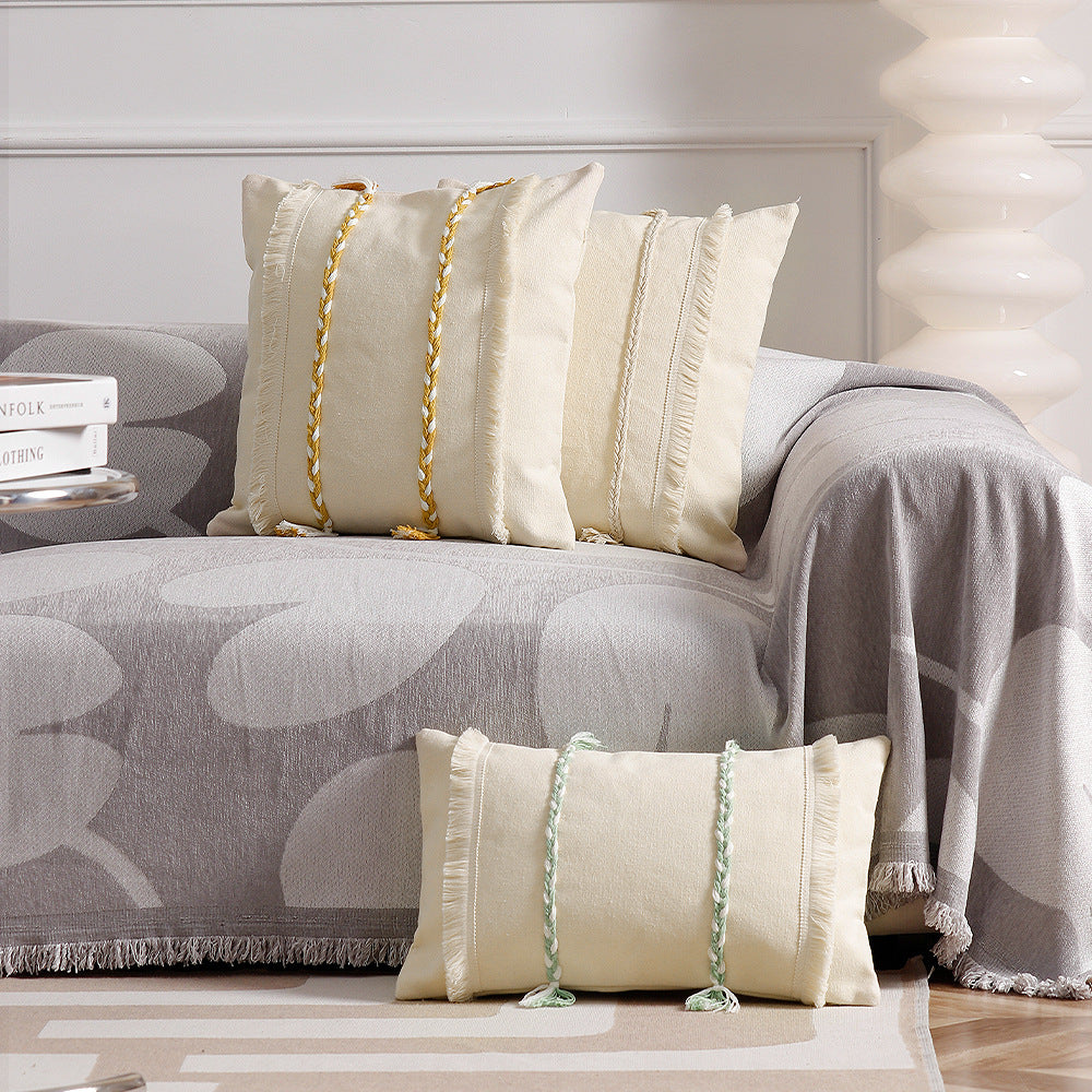 Decorative rectangular cotton cushion cover with woven trims and fringes Stornfield
