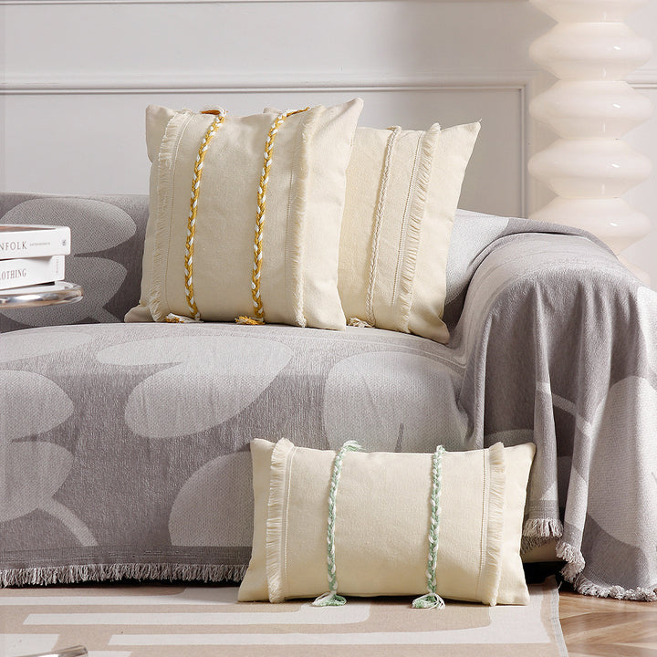 Decorative rectangular cotton cushion cover with woven trims and fringes Stornfield