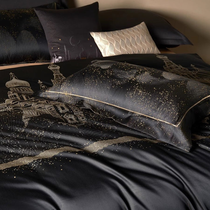 Silk-Effect Cityscape Duvet Cover Set with Metallic Foil Detailing