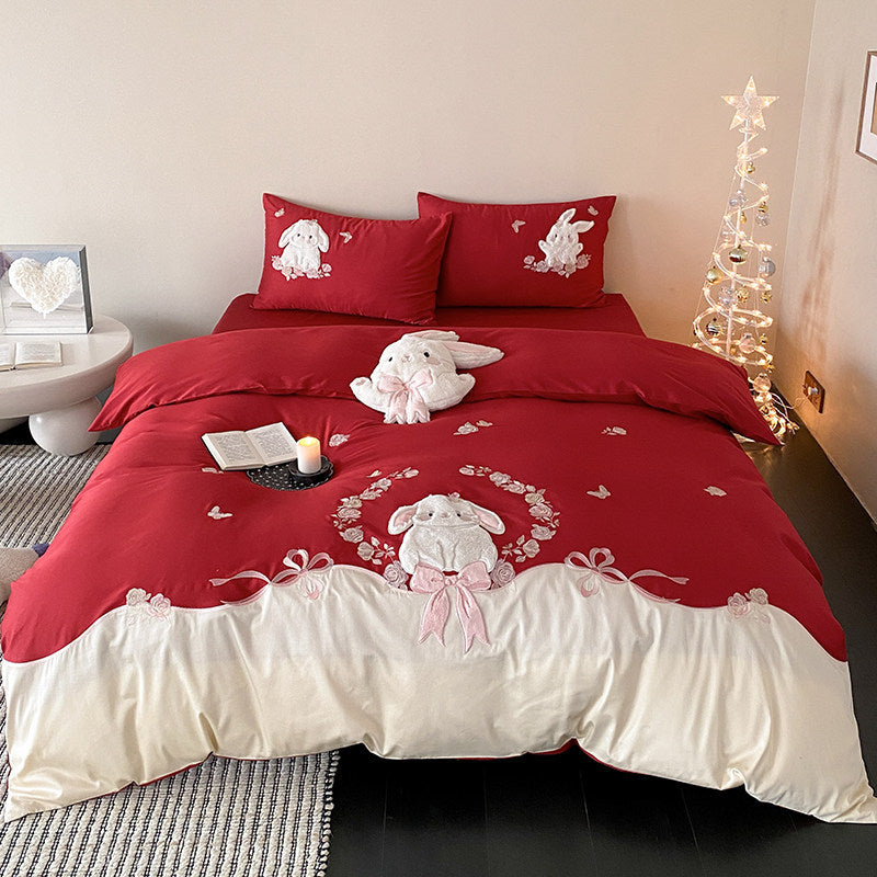 Whimsical Plush-Appliqué Bunny Duvet Cover & Sham Set