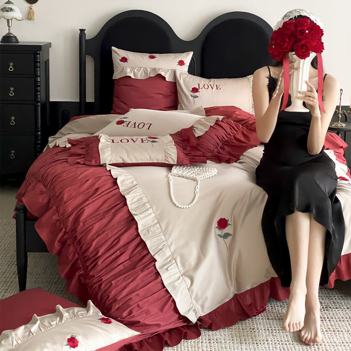 Romantic Ruffled Rose-Embroidered Sateen Duvet Cover & Pleated Bedskirt Set