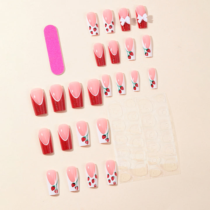 Strawberry Bow-Accent Acrylic Nail Art Extensions Stornfield