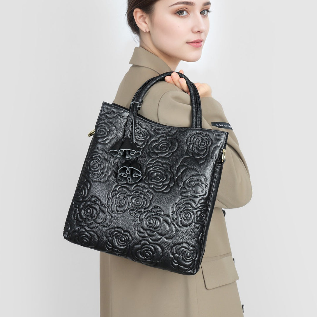 Embossed Floral Leather Tote Bag with Detachable Strap