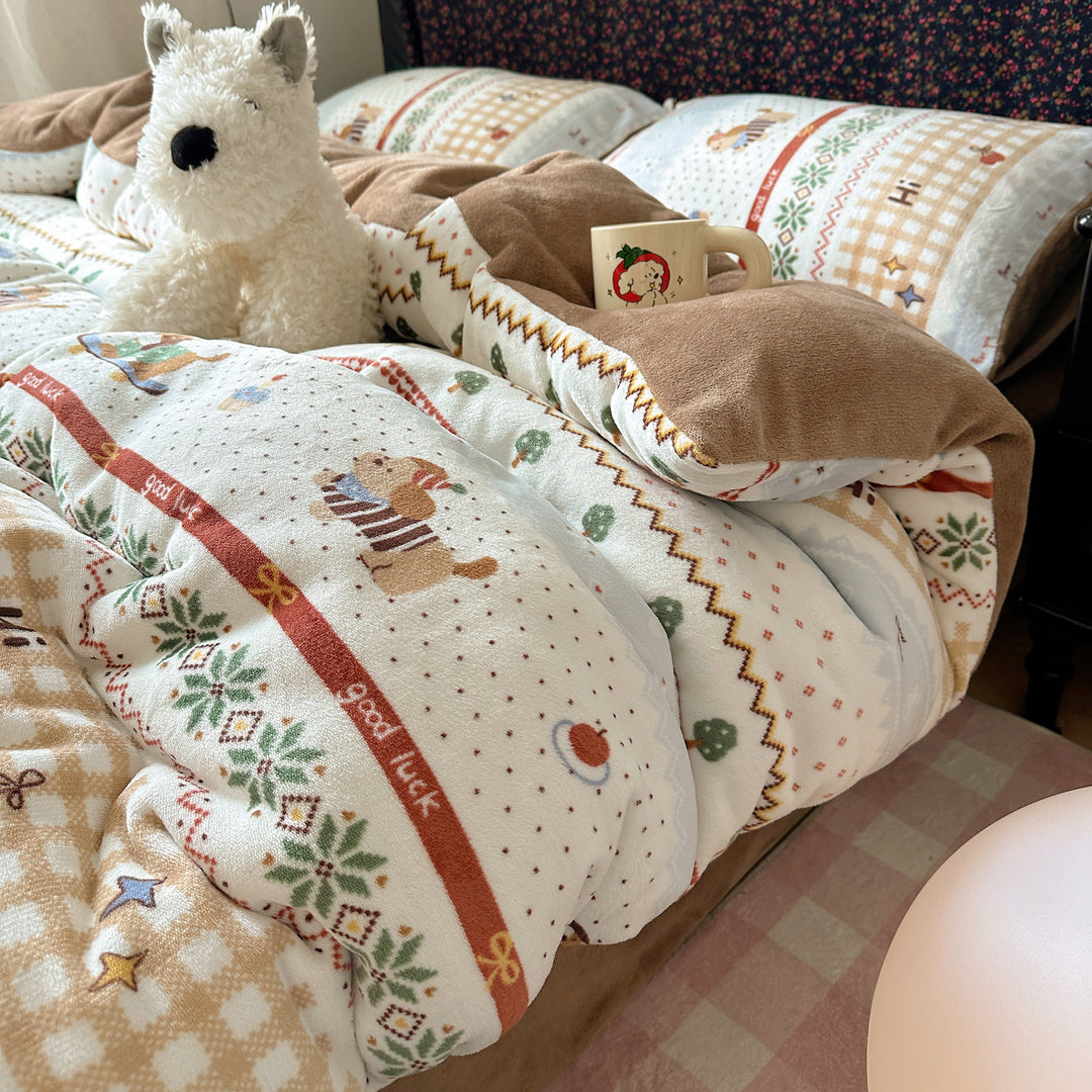 Children's Plush Reversible Teddy Patchwork Comforter Bed Set