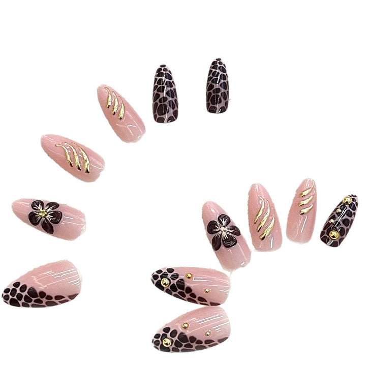 Artistic Press-On Nail Set with Floral and Leopard Accent Stornfield