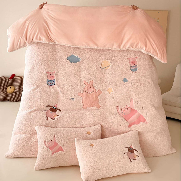 Sherpa Plush Cartoon Embroidered Duvet Bedding Set