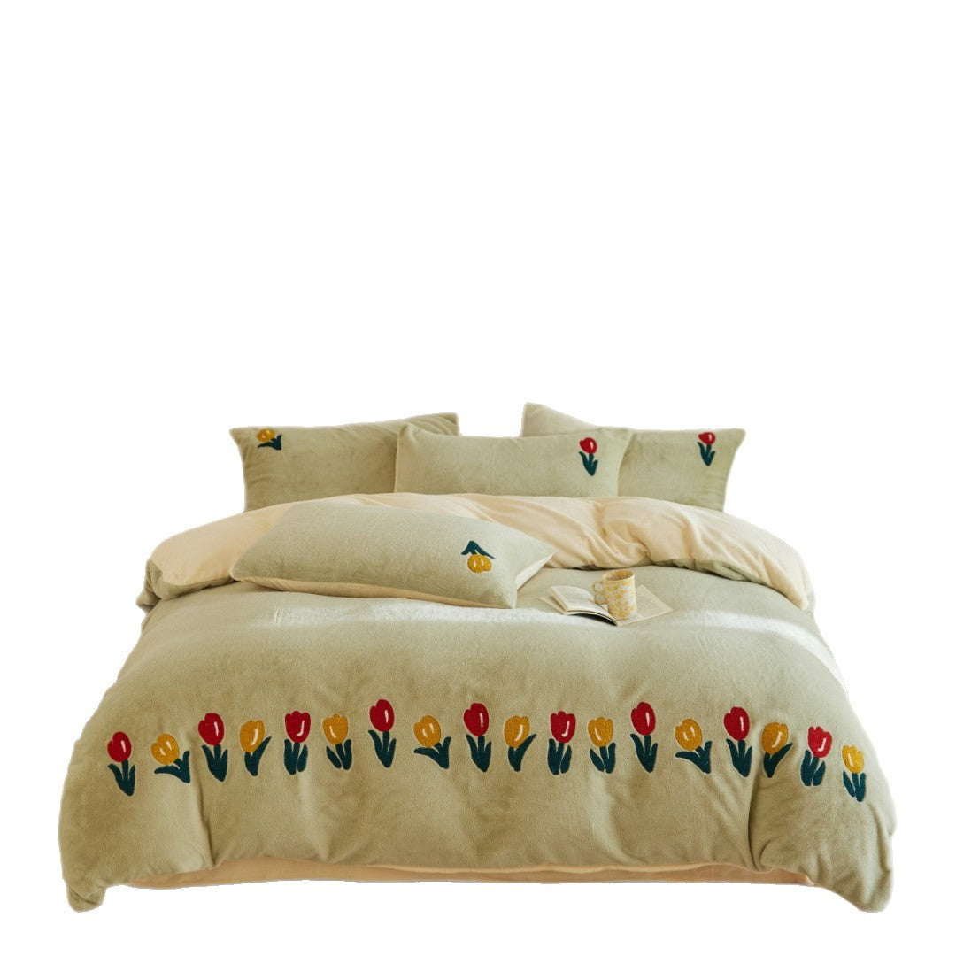 Plush duvet cover set with embroidered tulips, cozy teddy fleece, reversible function, and matching pillowcases