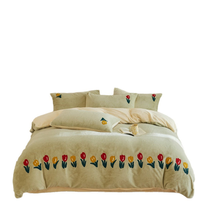 Plush duvet cover set with embroidered tulips, cozy teddy fleece, reversible function, and matching pillowcases