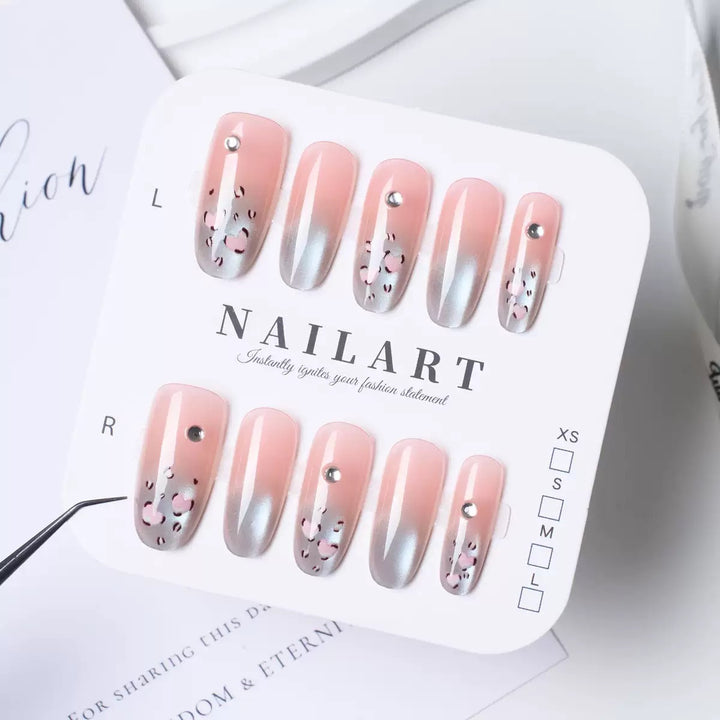 Artistic Press-On Nail Set with Floral and Silver Design
