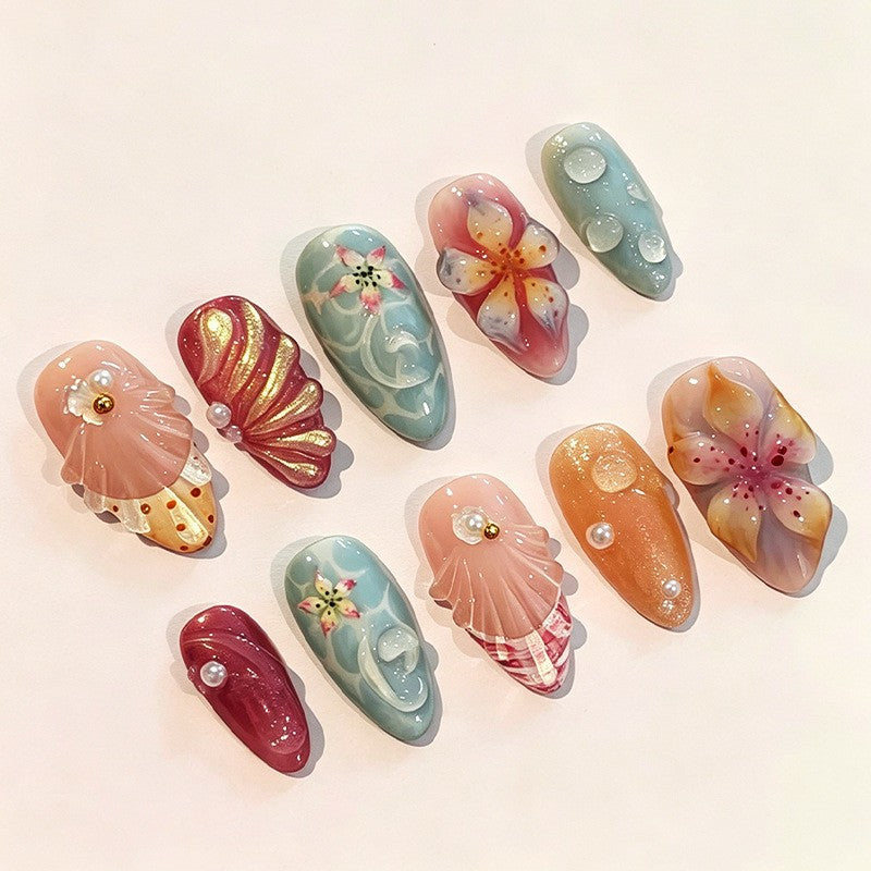 Artificial nail set with floral 3D design and glitter accents Stornfield