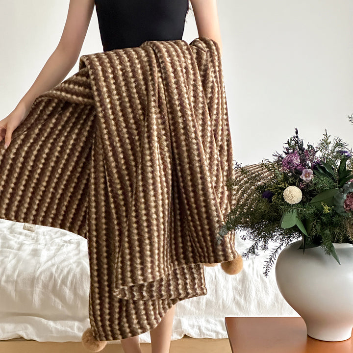 Oversized Striped Mohair Blend Scarf with Pom Pom